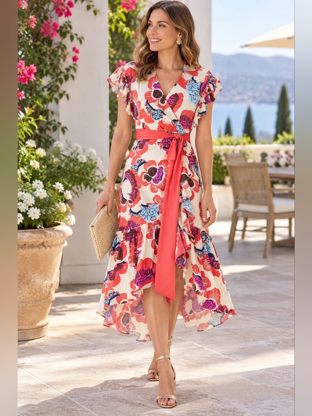Diane von Furstenberg Ruth Floral Wrap Dress Cream Pink Blue Size M Never Worn